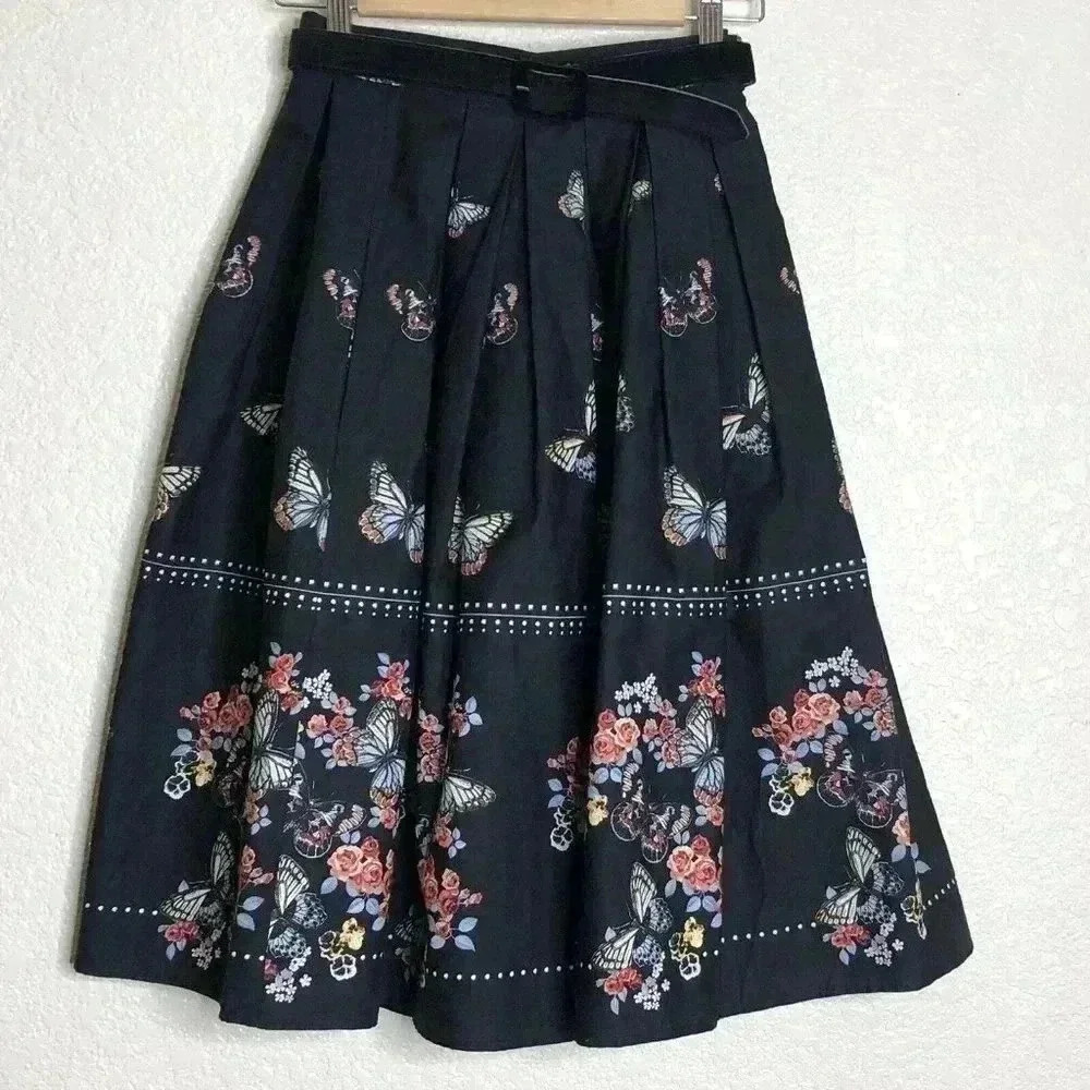 Hell Kitty Butterfly Print Belted Pleated Skirt XS